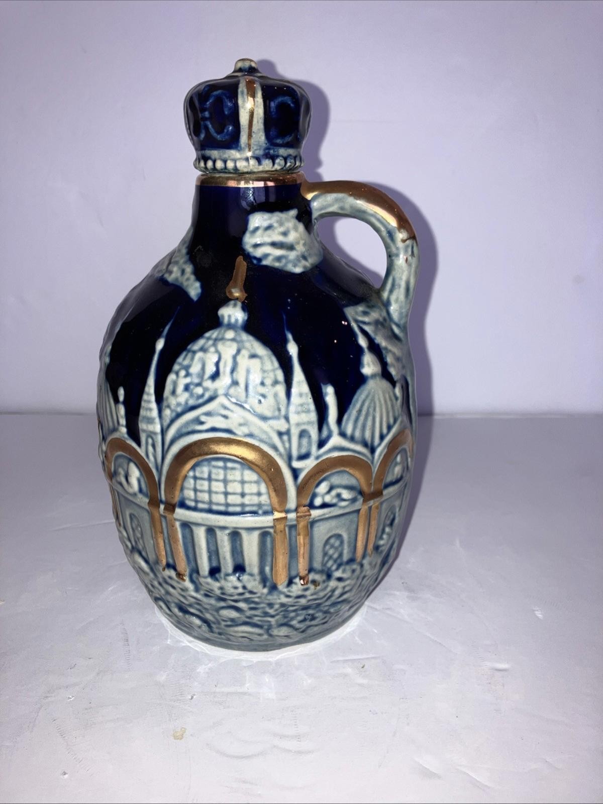 Vtg 60s Jug Liquor Musical Decanter Porcelain Embossed Cobalt Japan Works