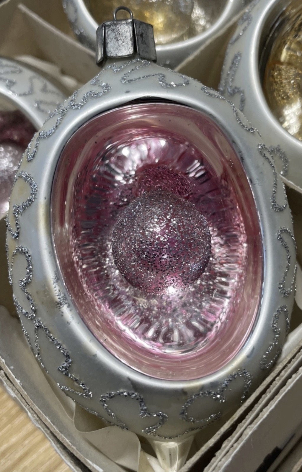Vintage Kaleidoscope Glass Teardrop Christmas Ornament - Pink & Silver Reflector