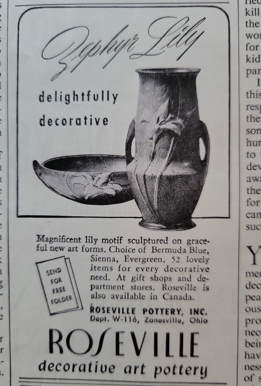 1946 Roseville art pottery Zephyr Lily pattern vase bowl vintage ad