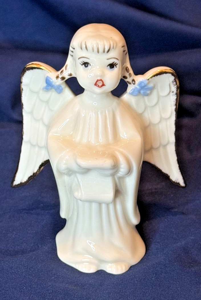Vintage Mid Century Ceramic Choir Angel Figurine Pigtails White Gold 4.75”