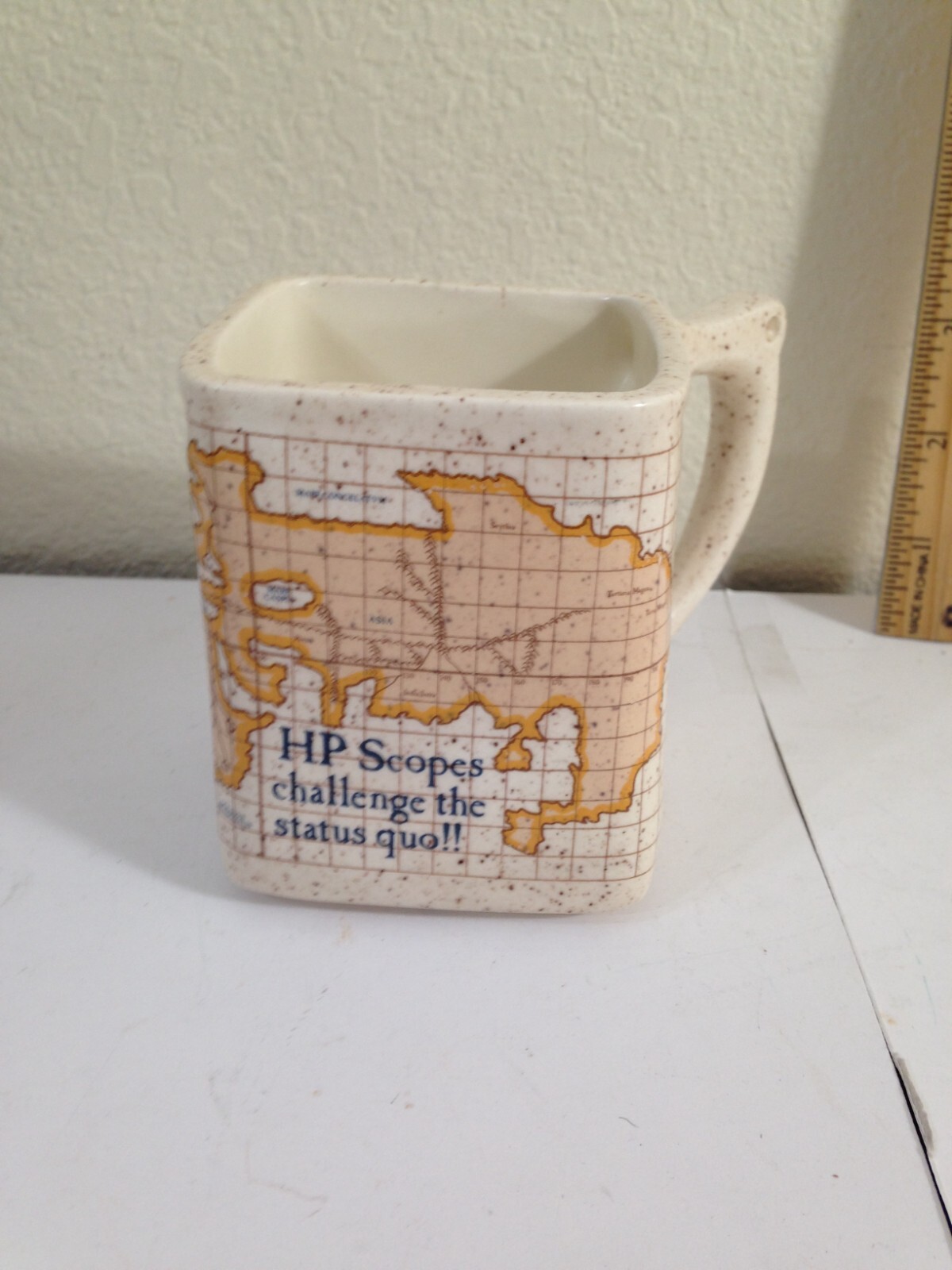 Vtg HP Hewlett Packard Scopes Coffee mug cup square globe advertising retro mcm
