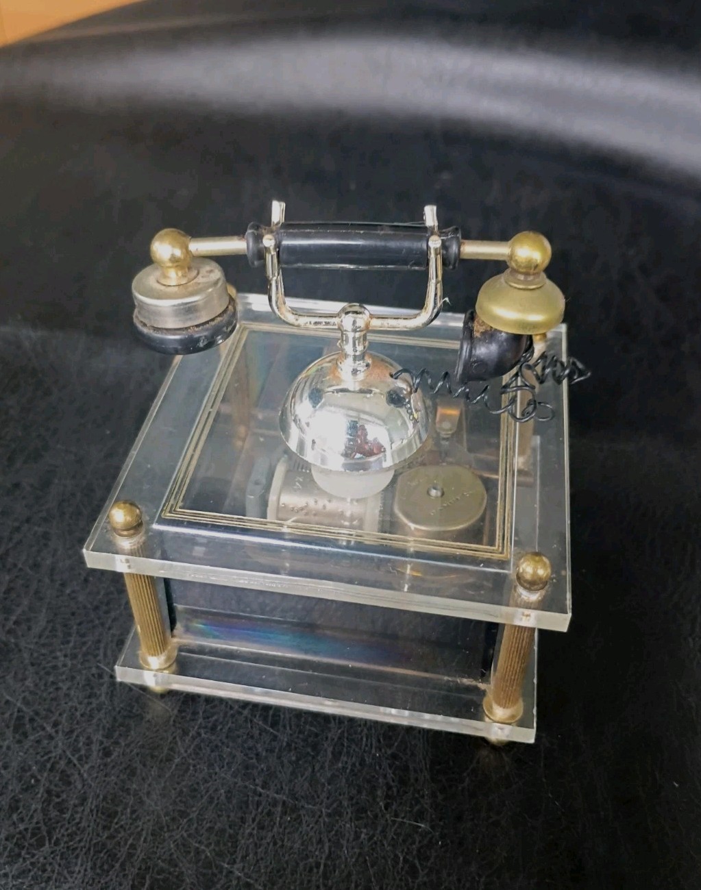 Vtg 1970s Sankyo Brass Acrylic Telephone Music Box \