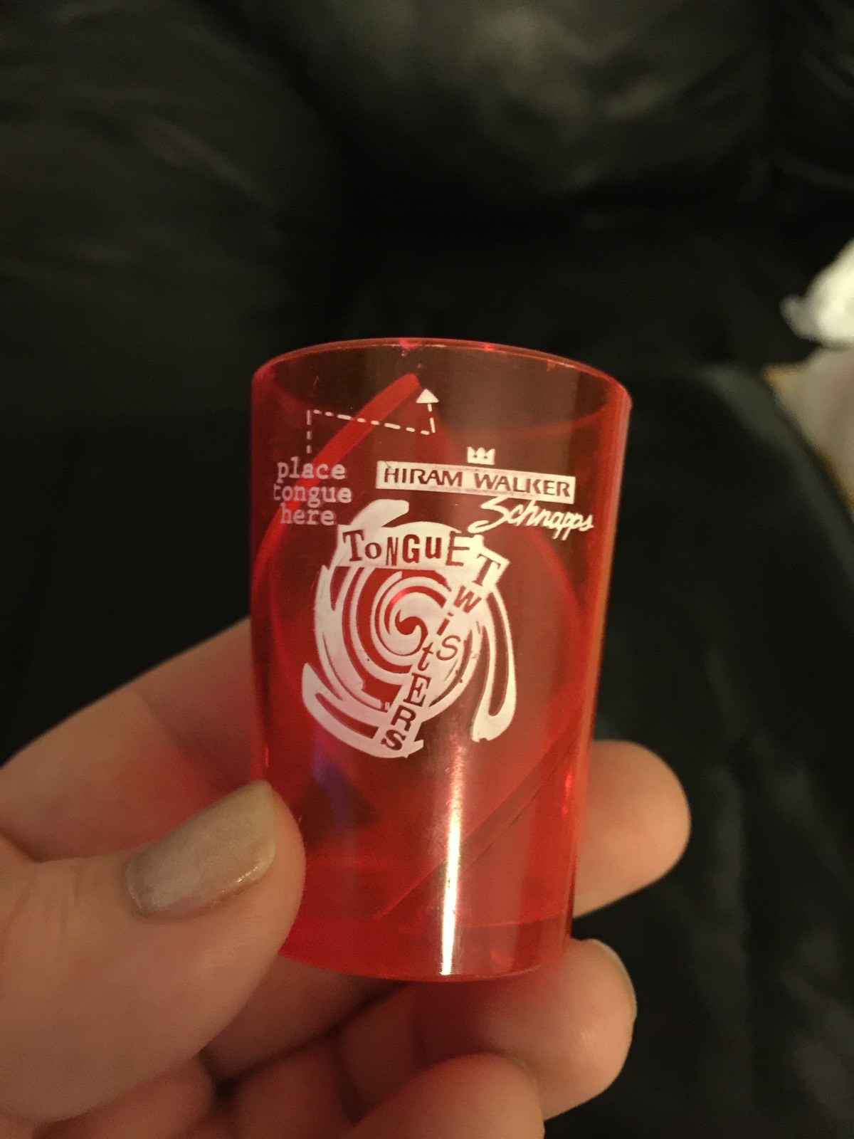 2 HIRAM WALKER SCHNAPPS Shot Glass TONGUE TWISTERS Fuschia Pink Acrylic RARE