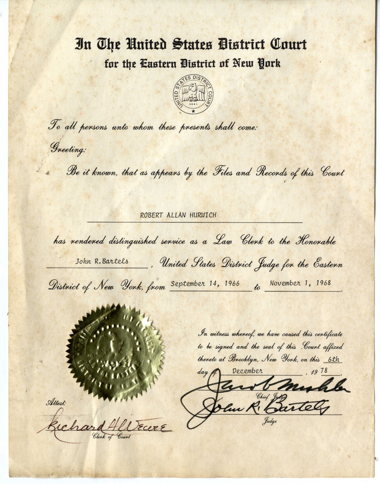 Chief Judge Jacob Mishler John R. Bartels Signed CERTIFICATE b42