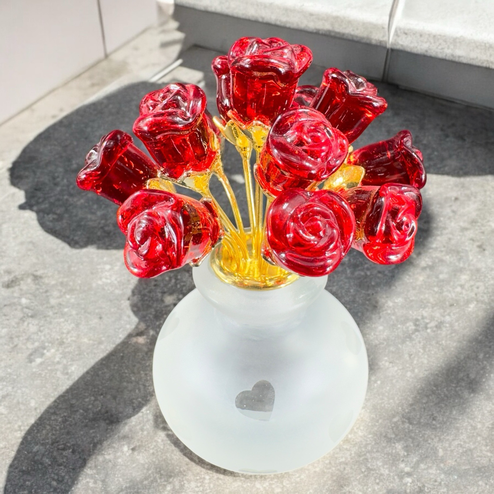 Bouquet of Flowers Figurine Ornament Frosted Clear Base With Plastic Red Roses