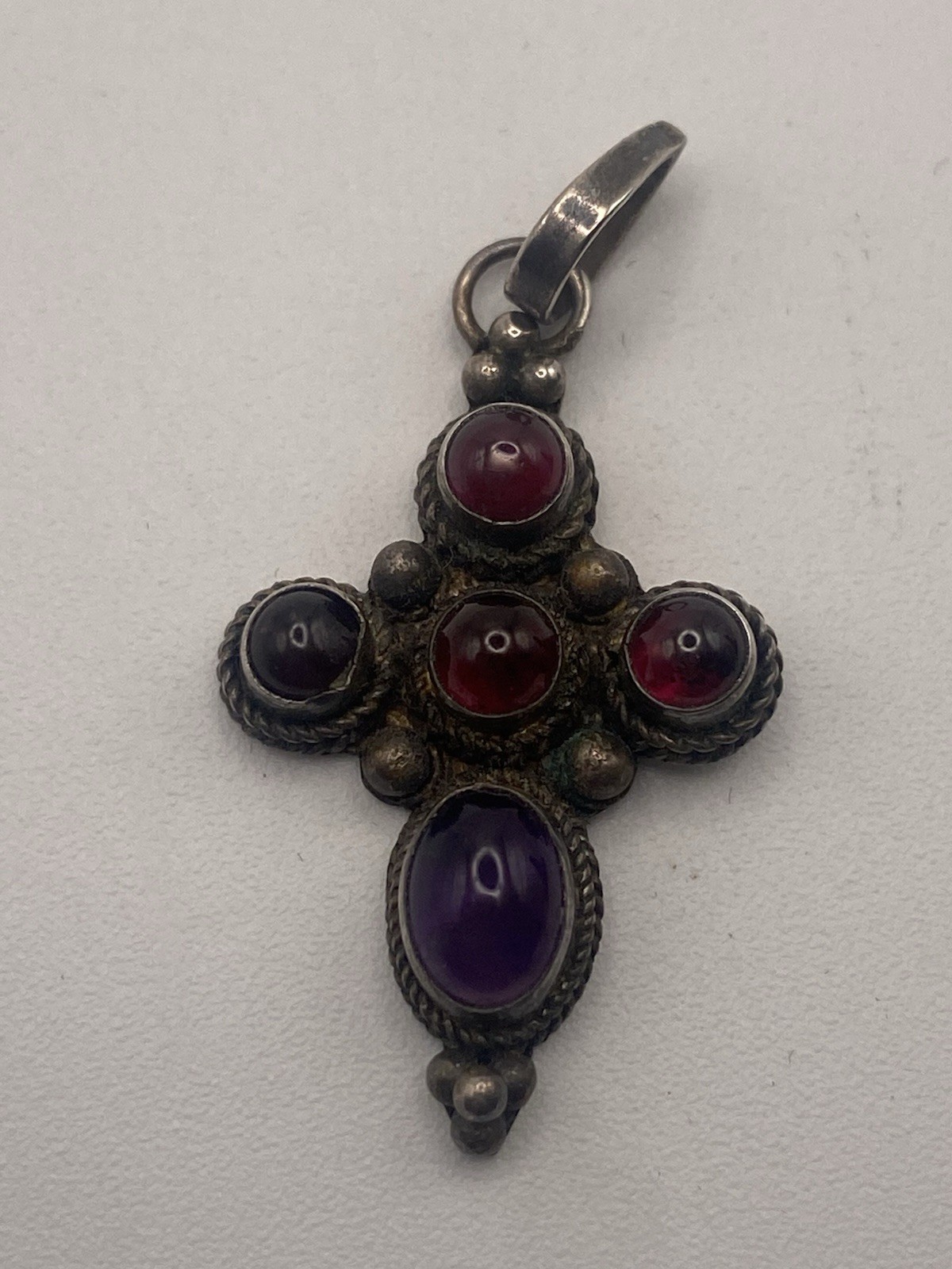 Handcrafted Sterling Silver Cross Pendant  Accent With Cabochon Garnet Amethyst
