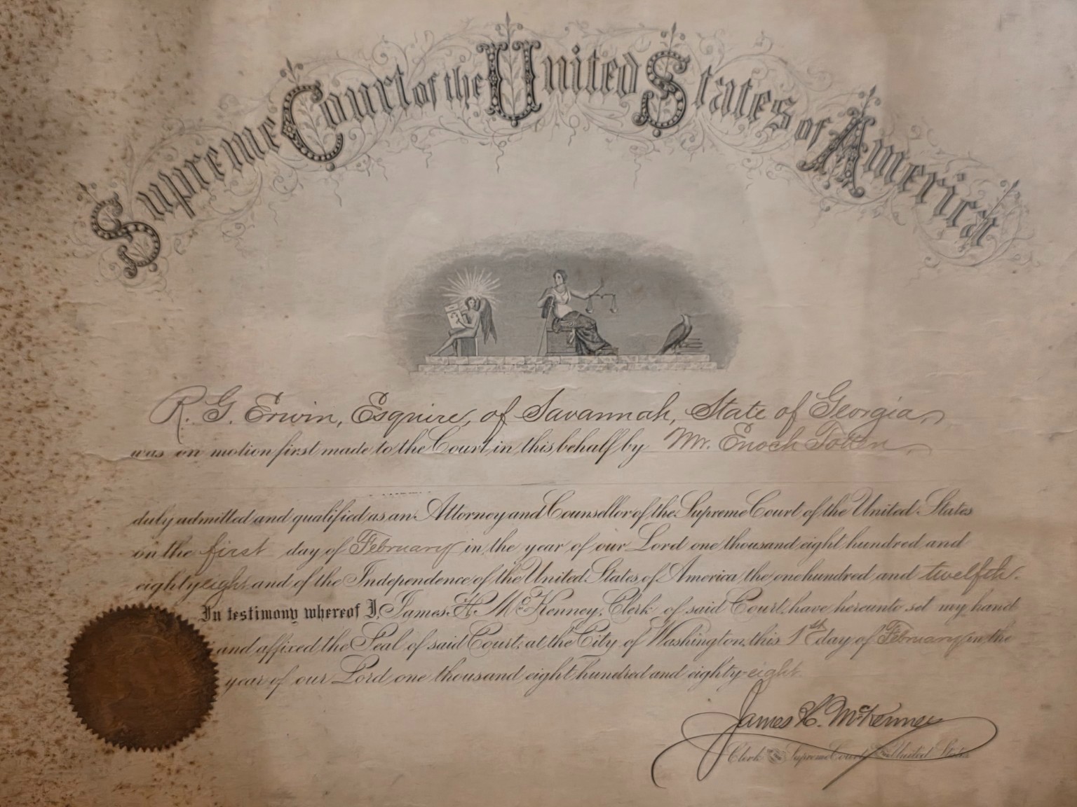 1888 U.S. Supreme Court Bar Admission Certificate – R.G. Erwin – Savannah, GA 1888 U.S. Supreme Court Bar Admission Certificate – R.G. Erwin – Savannah, GA