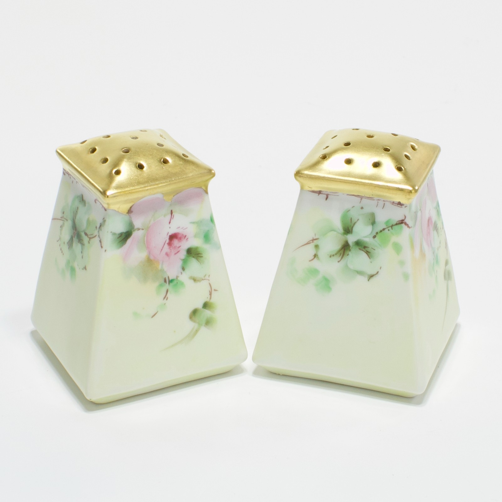 Antique Hand Painted Porcelain Salt Pepper Shakers Pyramid Gilded Top Roses