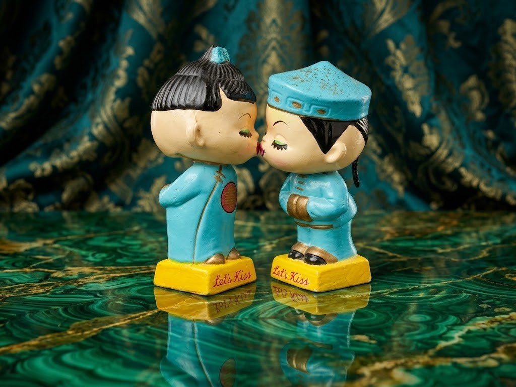 Vtg 1950s Japan Let's Kiss Asian Couple Bobblehead Nodder Magnetic Figurine 5