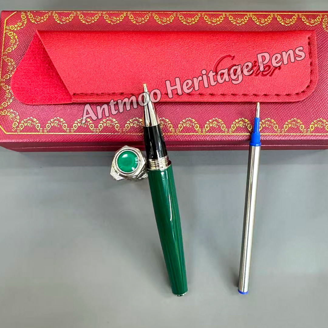 CARTIER Santos de Cartier Green Lacquer Pen Silver Pattern Cap Box & Pouch