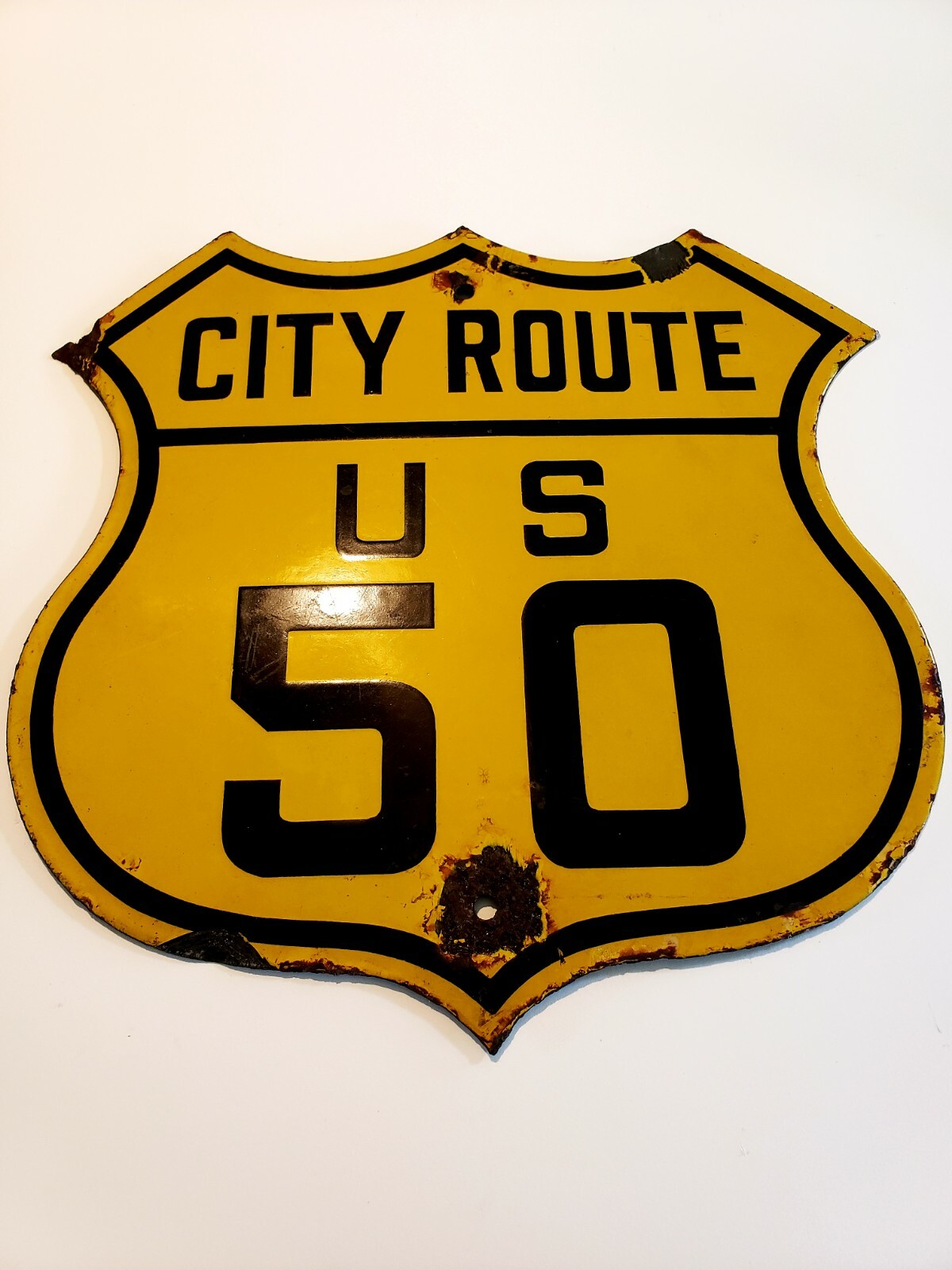 1926 CITY ROUTE US 50 HIGHWAY PORCELAIN SIGN. \