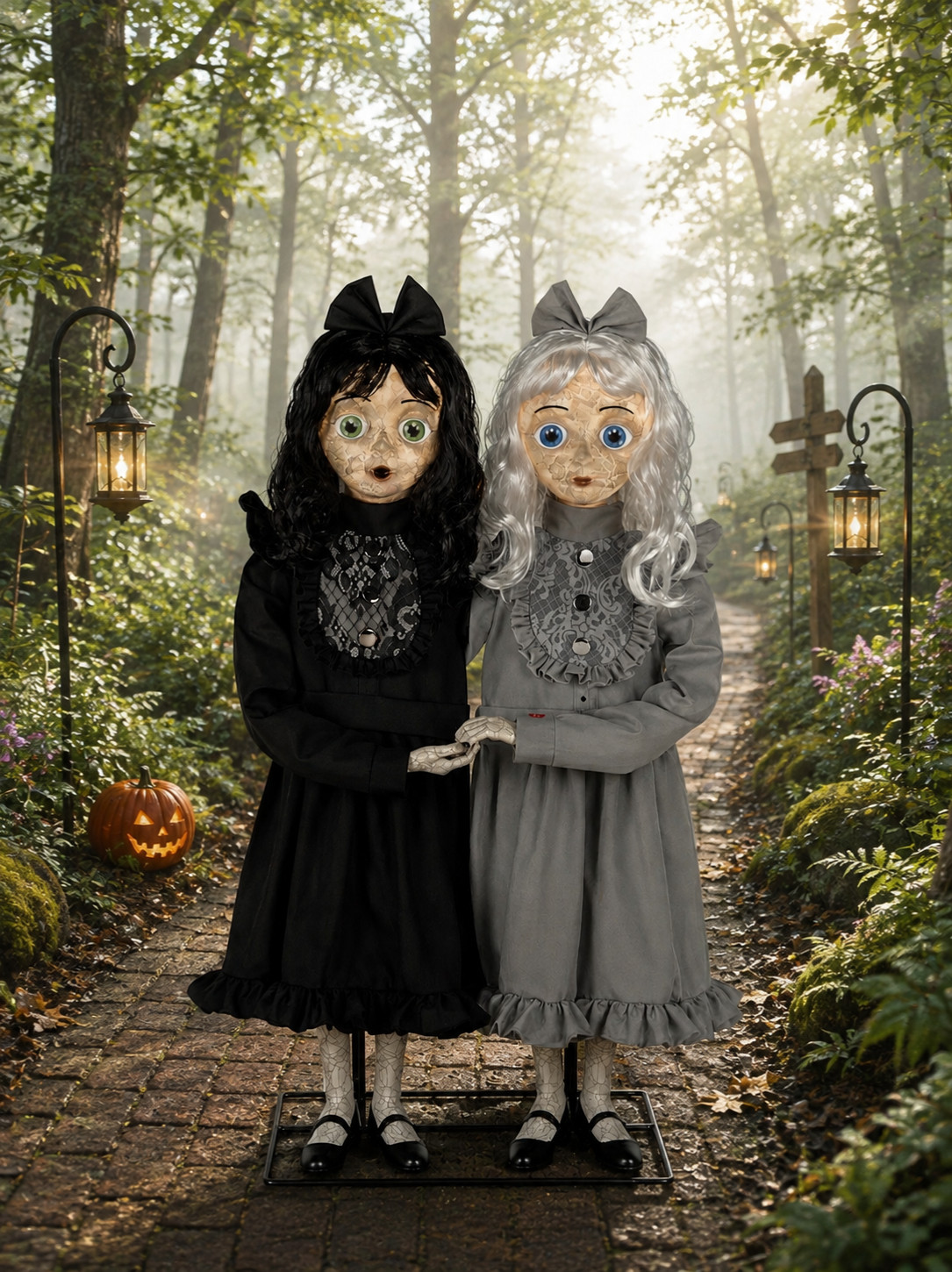 Haunted Living 3 ft Animated Creepy Twin Sisters TWINS Prop Halloween NEW RARE Haunted Living 3 ft Animated Creepy Twin Sisters TWINS Prop Halloween NEW RARE