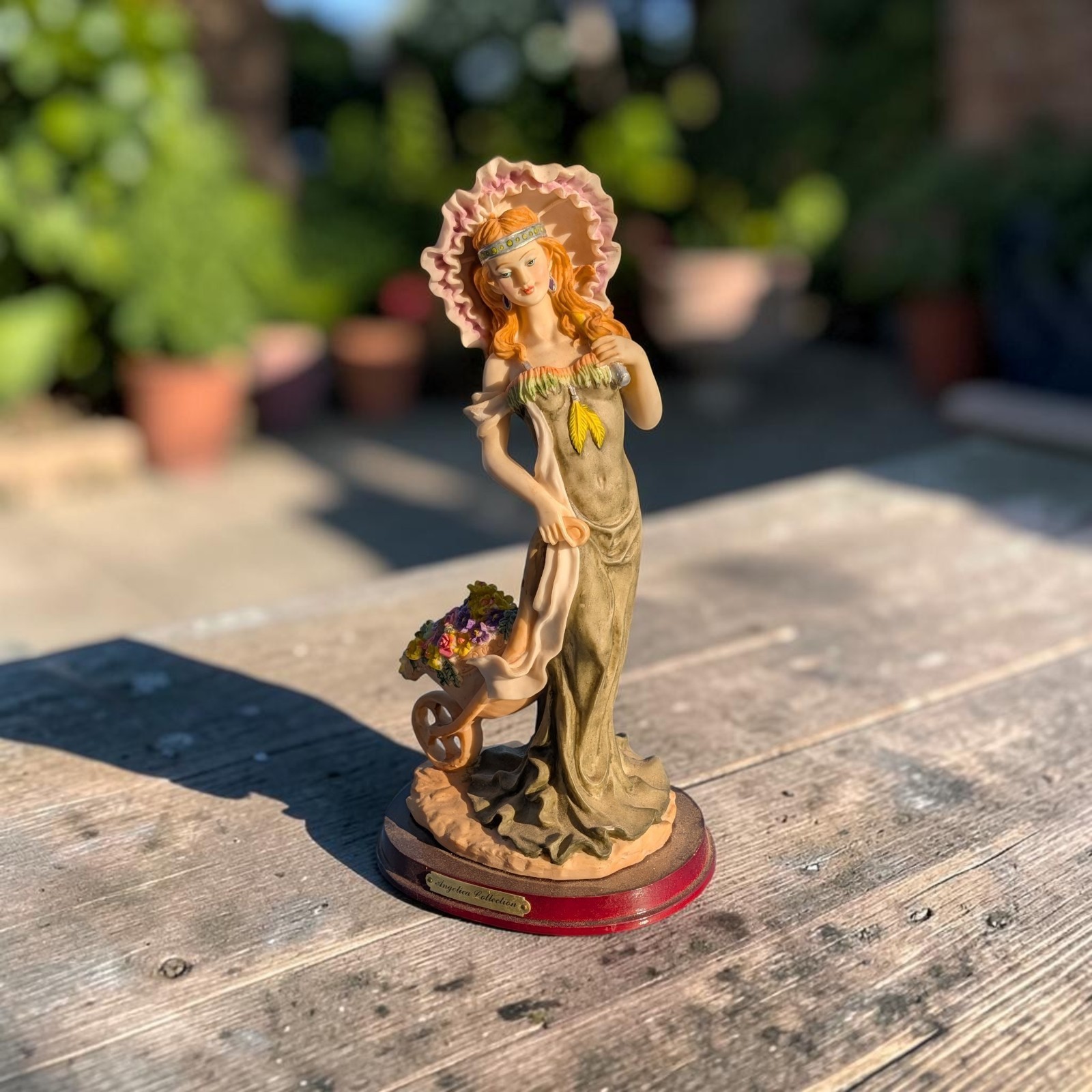 Beautiful Vintage  Angelica Collection Victorian Lady With Floral Wheelbarrow