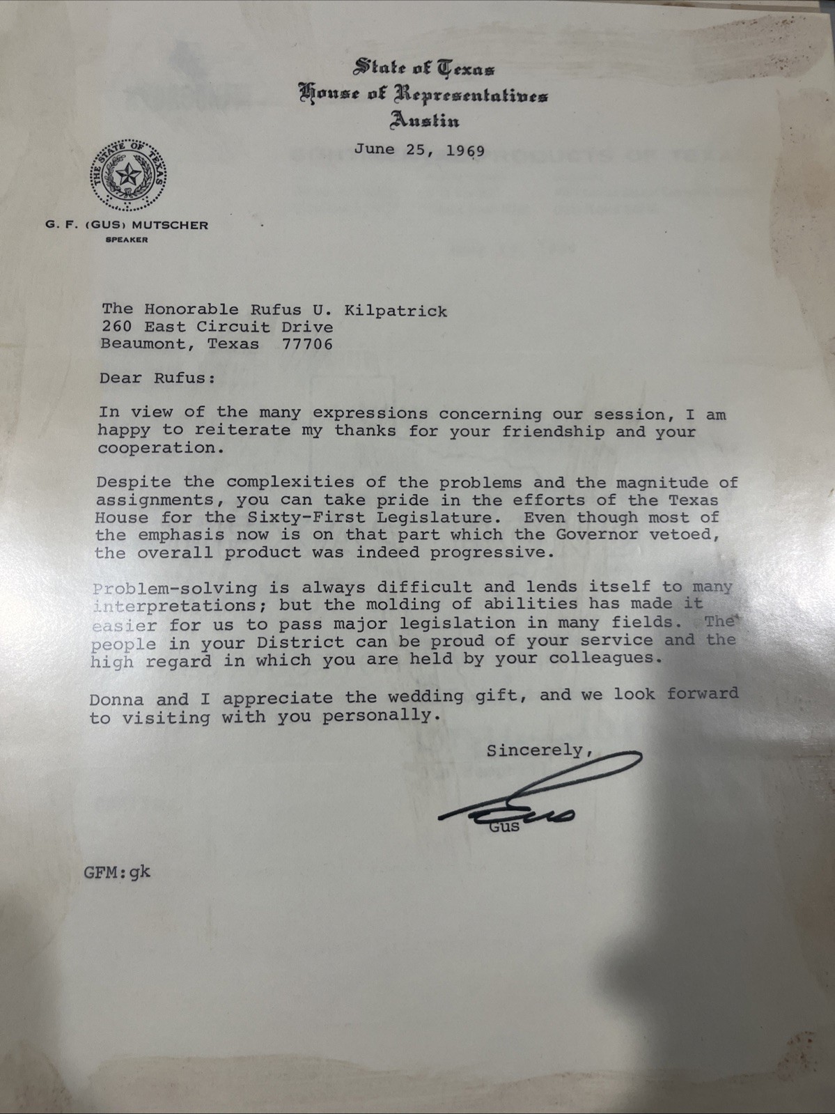 Vintage 1969 Signed Letter Austin Texas Speaker Gus Mutscher House of Reps Seal