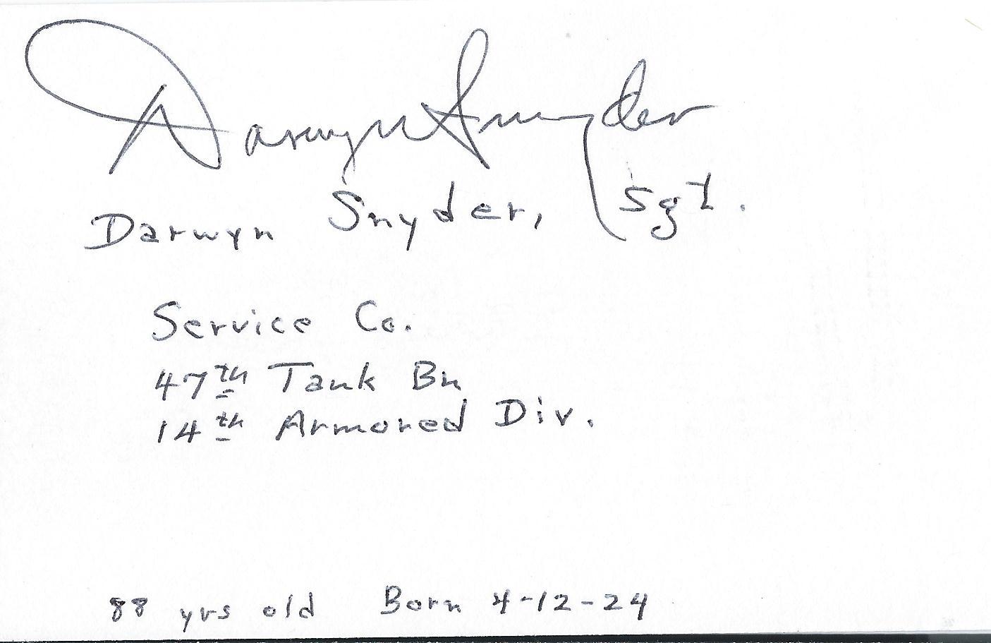 Darwyn Snyder signed 3x5 index card Battle of Bulge WW II D-Day RARE COA LOOK