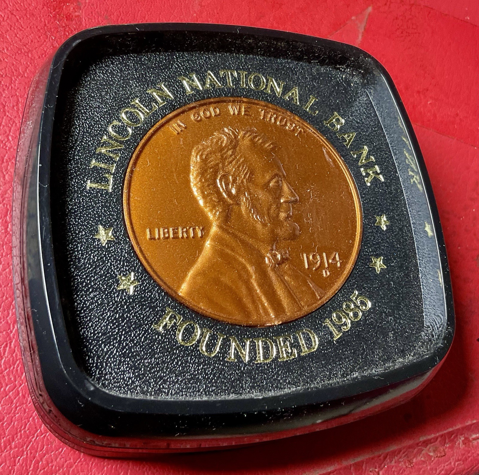 Plastic Lincoln Penny 1914D 1 cent Coin coaster Lincoln National Bank Plastic Lincoln Penny 1914D 1 cent Coin coaster Lincoln National Bank