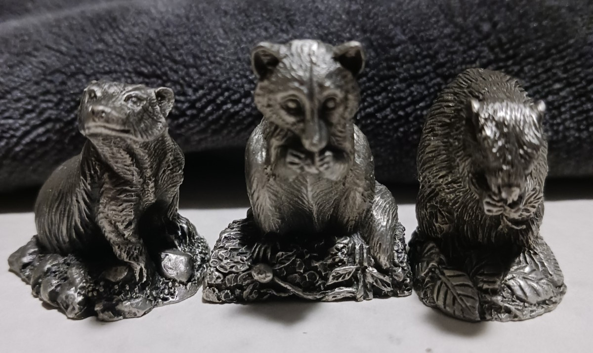 1981 Franklin MINT June Lunger Woodland Animals Pewter Raccoon, Badger, Beaver
