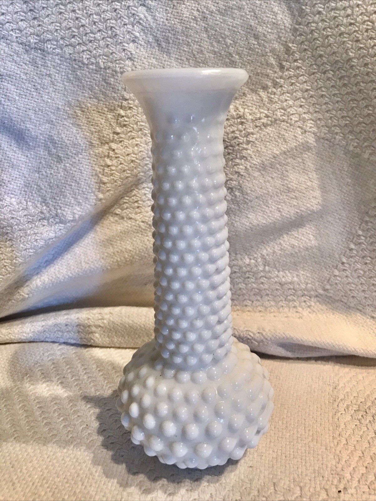 VTG FENTON White Milk Glass Hobnail Vase 7.5” X 3.5”