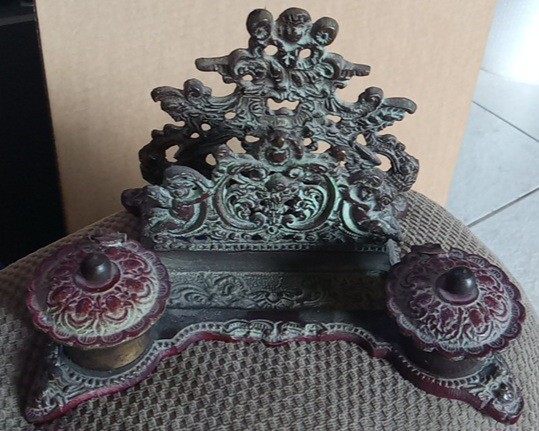 Brass Inkwell/Letter Holder Desk Accessory Vintage Antique Cherubs
