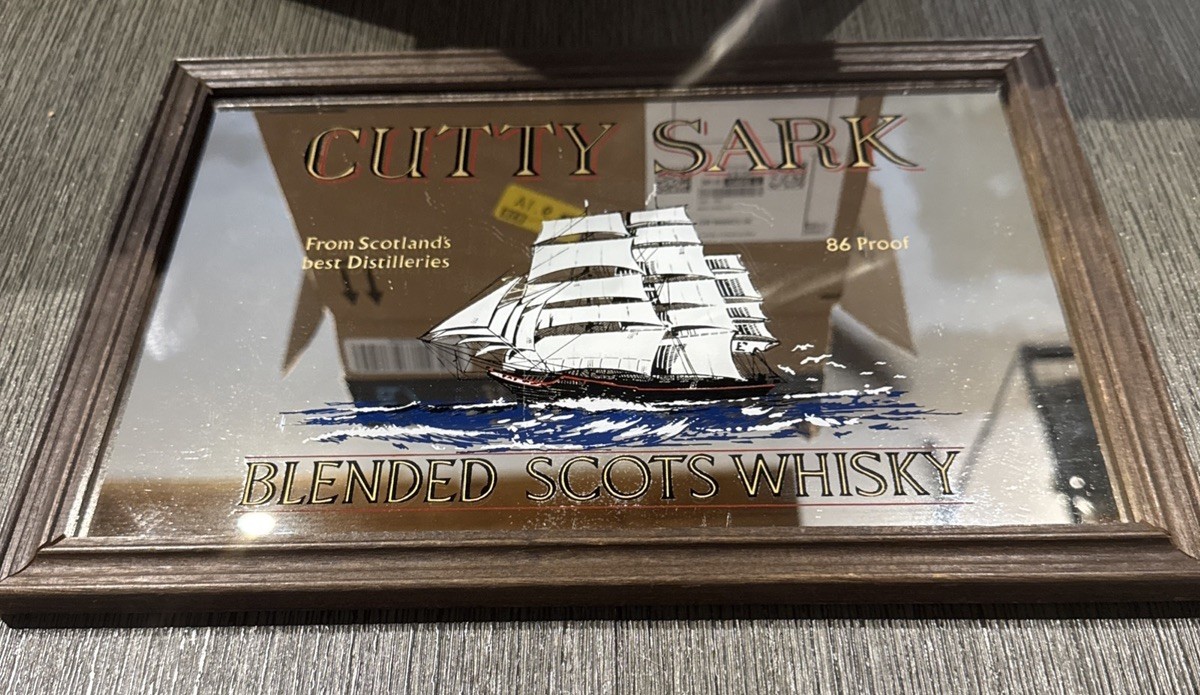 Vintage Cutty Sark Scotch Glass Mirror Sign Wood Frame Pub Bar Man Cave 