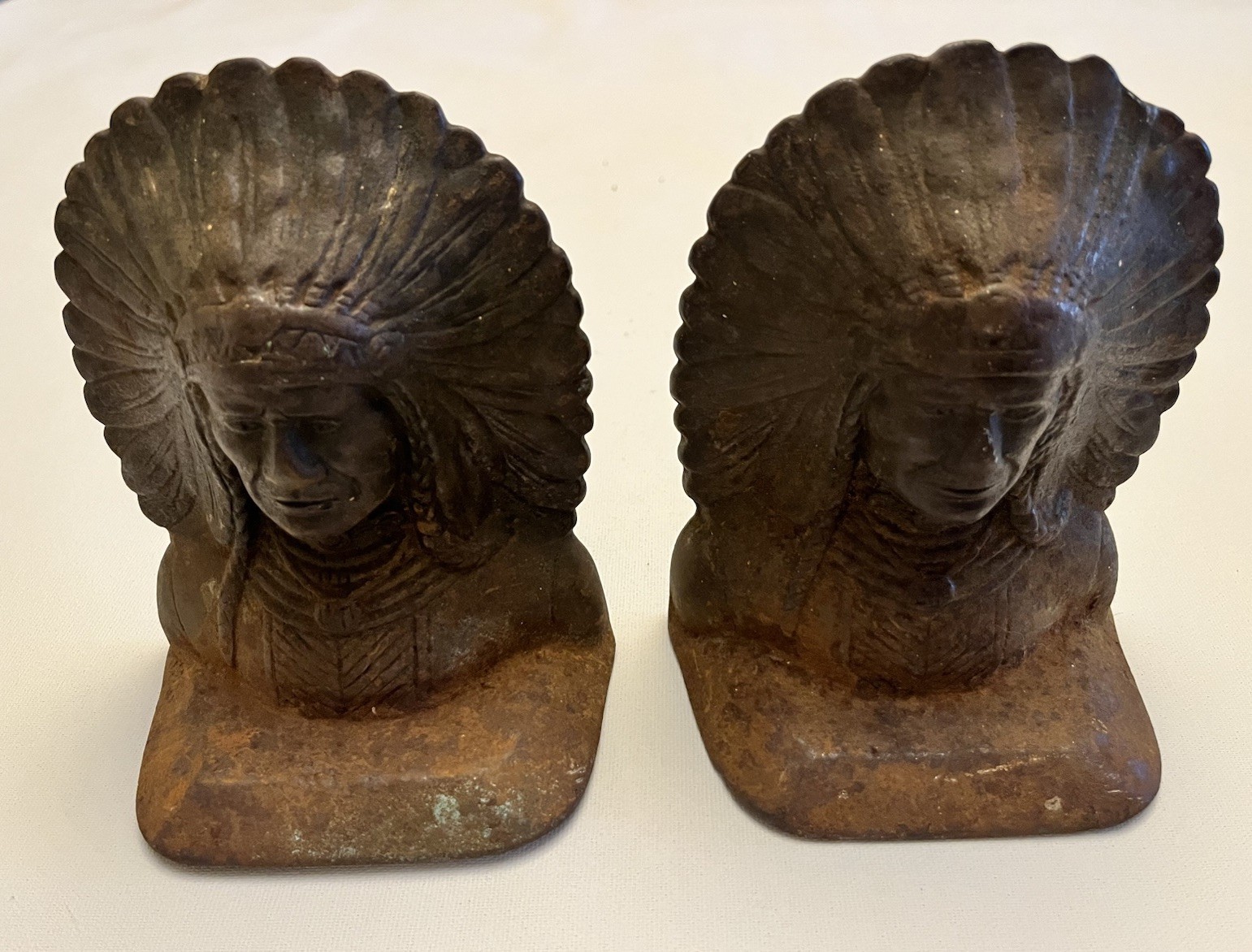 Vintage Native American Indian Chief Bust Bookends –Heavy Cast Iron Pair –Rustic
