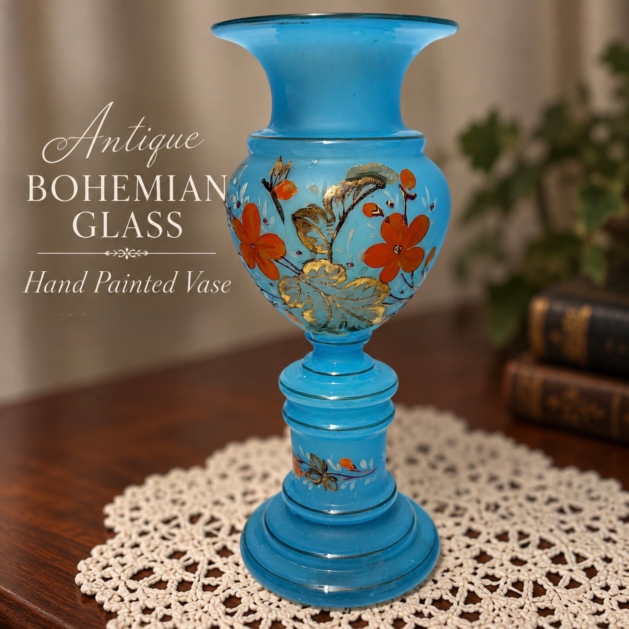 Antique Bohemian Blue Blown Glass Vase Hand Painted Floral Gilt