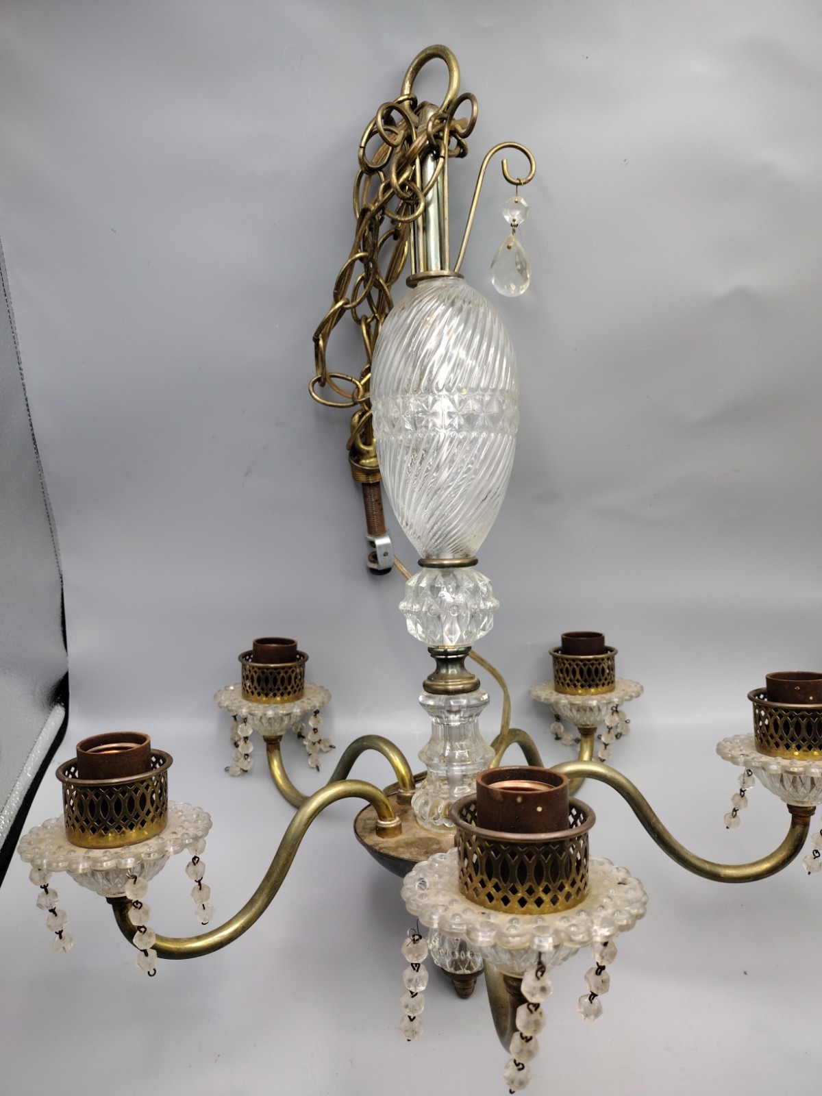 Vintage Brass 5 Light Chandelier Italian Hollywood Regency Ornate Style