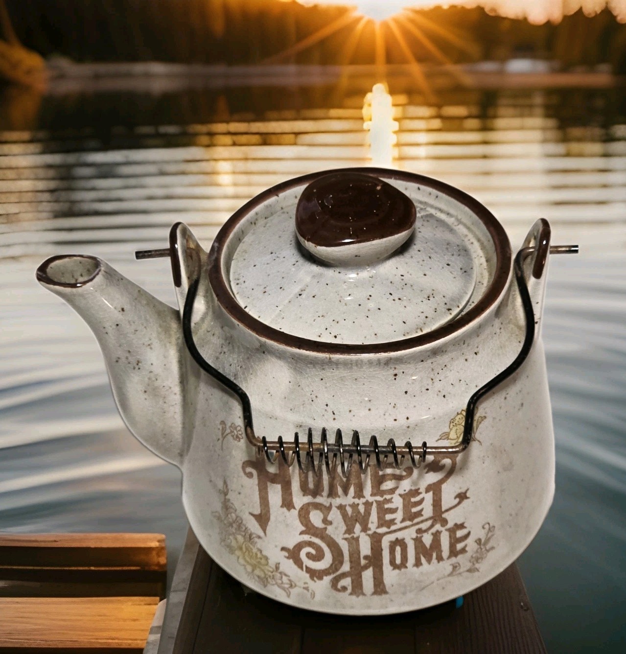Vintage Speckled Home Sweet Home Ceramic Tea Pot Gray Made in Japan READ