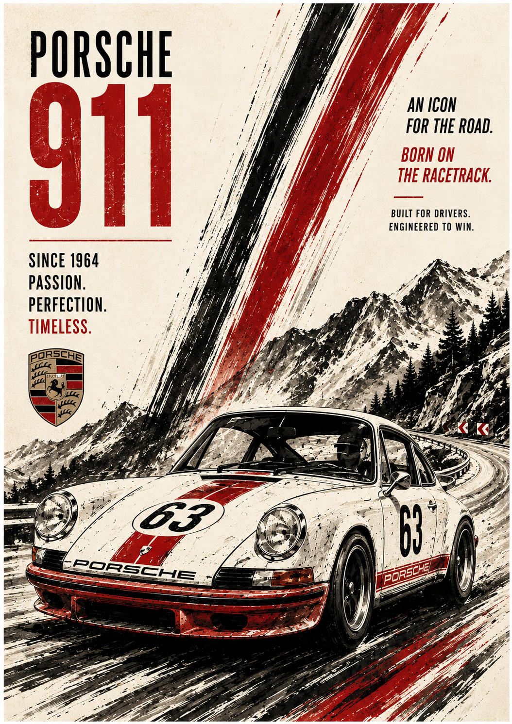 Porsche 911 Retro Racing Poster Classic Sports Car Wall Art 13x19 Print