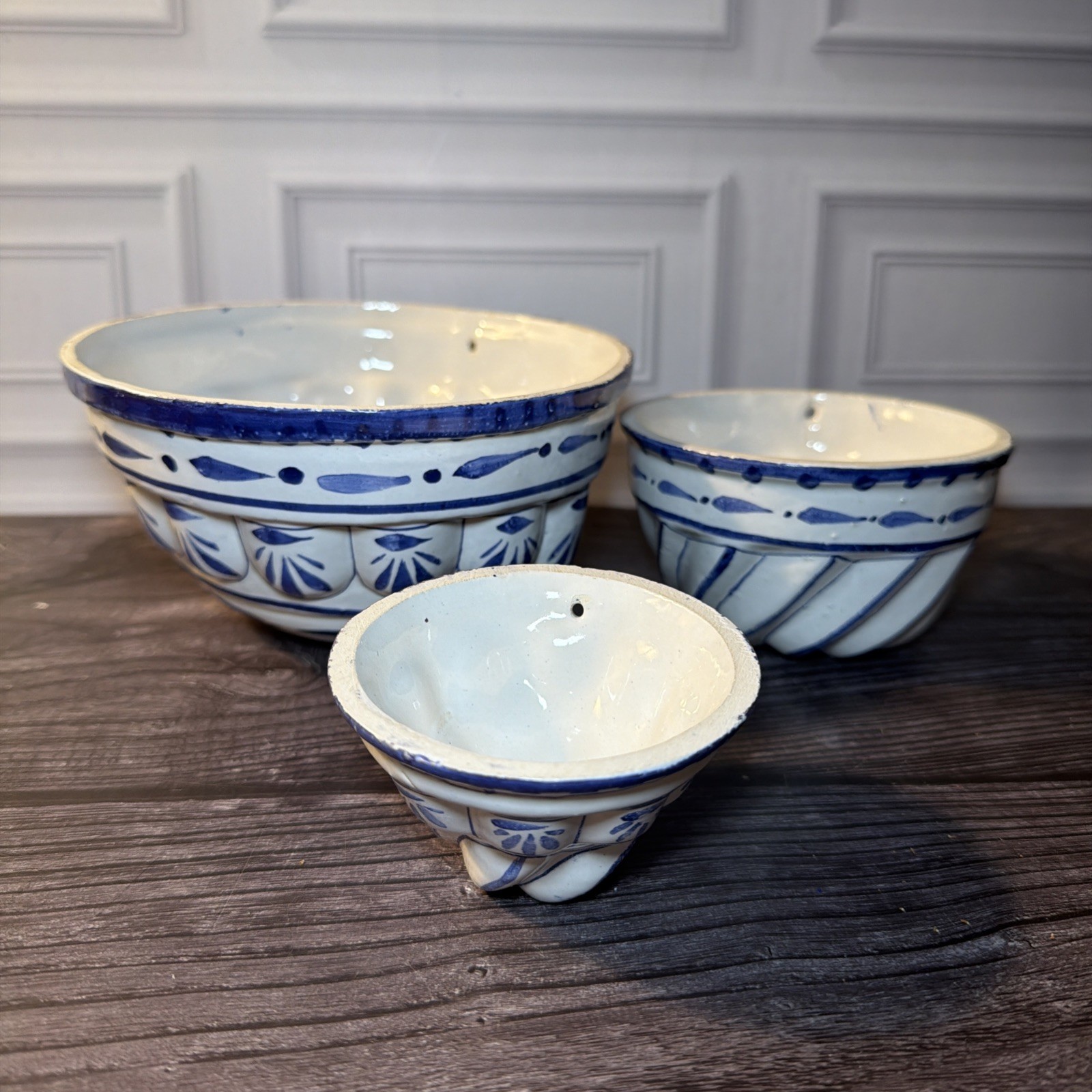 Vintage French Country Ceramic Jelly Molds Lot 3 Blue White Hanging Wall Decor