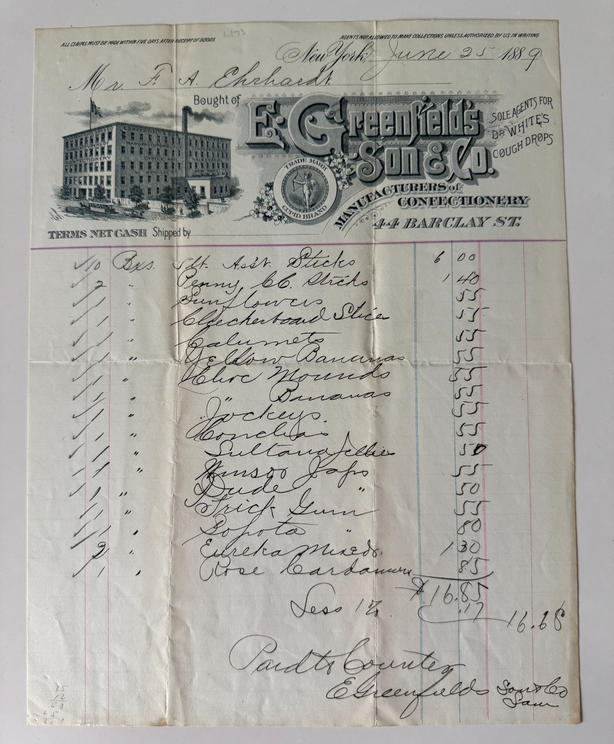 Vtg 1889 Billhead New York E Greenfield's Son & Co Confectionery 44 Barclay St