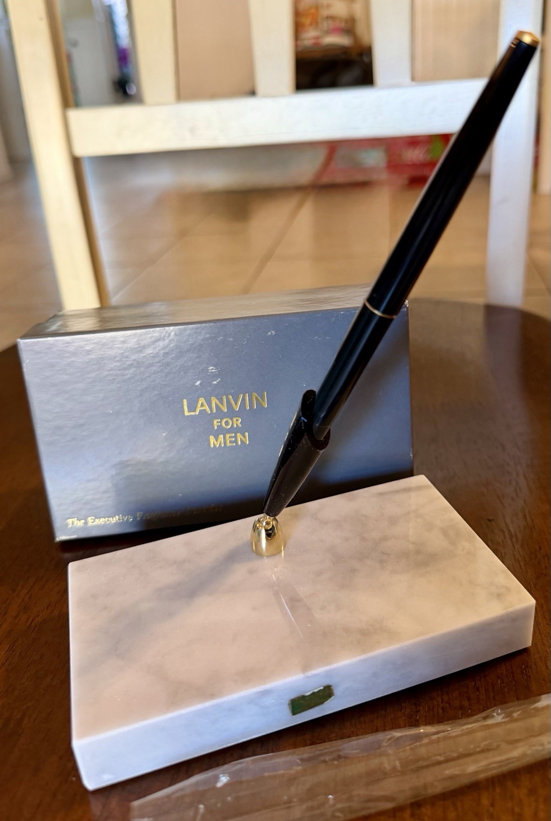 Vintage Lanvin Black Executive Fragrance Desk Set Ink Pen Marble Base