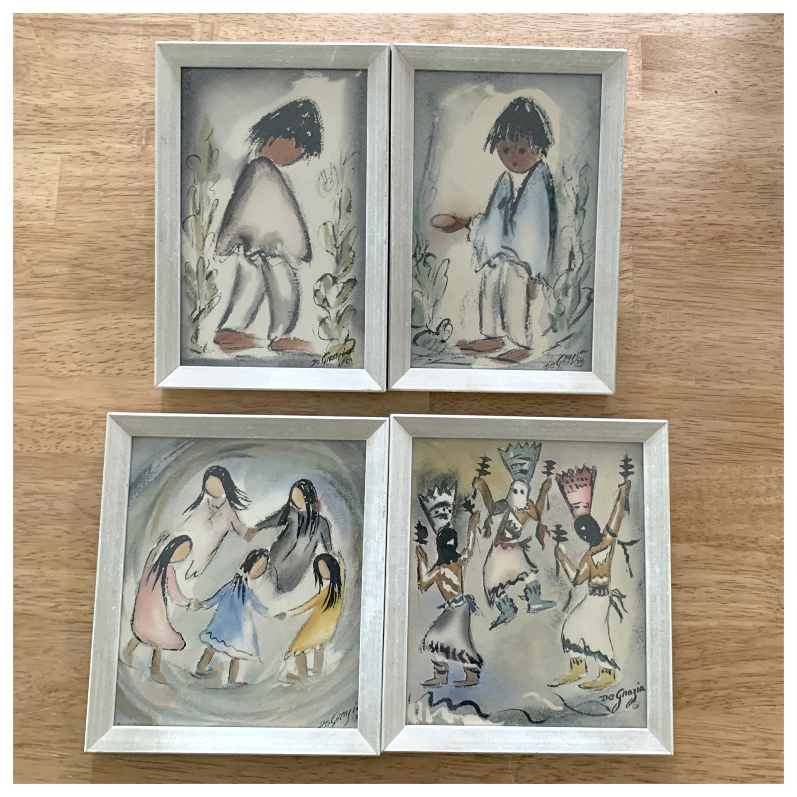 Vintage Ted DeGrazia Art Print on Wood Set of Four Wall Hangings Native American