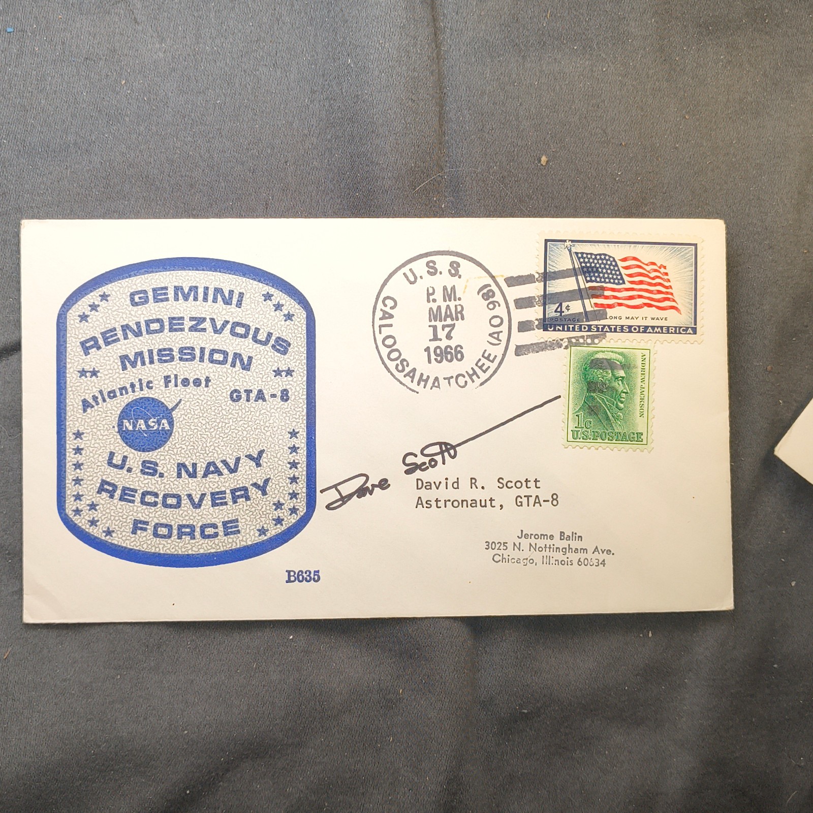Gemini 8 Recovery Cover USS Caloosahatchee MAR 17 1966 Dave Scott Autopen