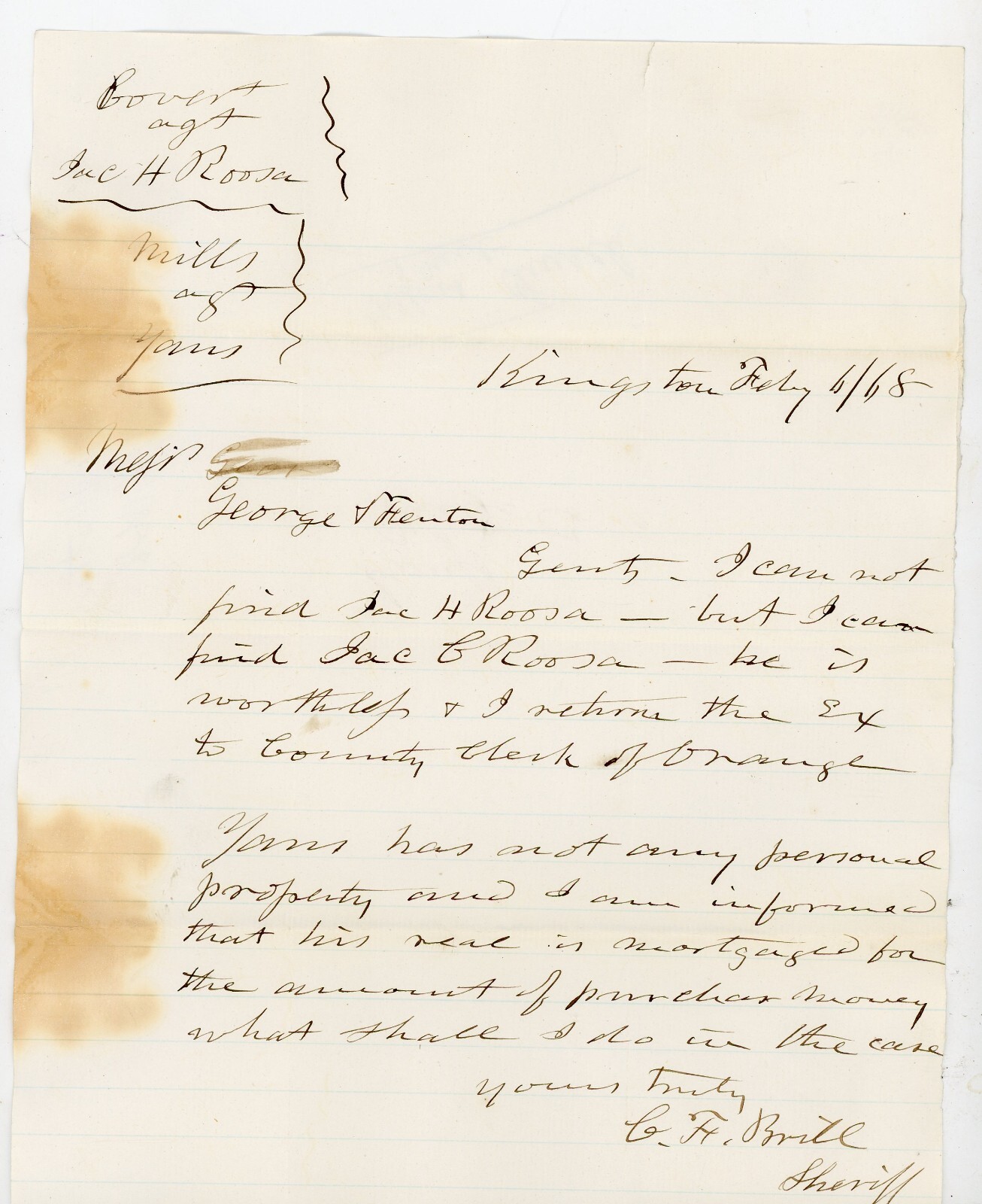 1868 Kingston NY Sheriff Brill Letter  Difficulty Collecting Debt from JH Roosa
