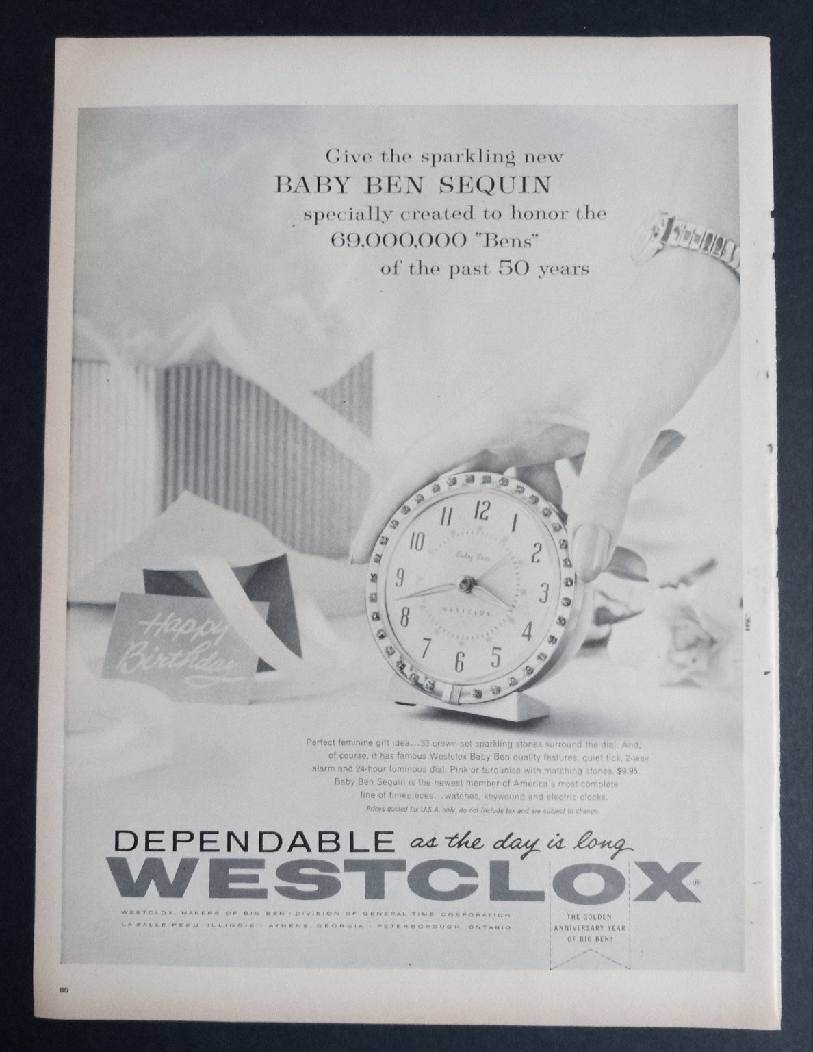 Westclox Baby Ben Sequin Alarm Clock Magazine Ad 1950s Mid-Century