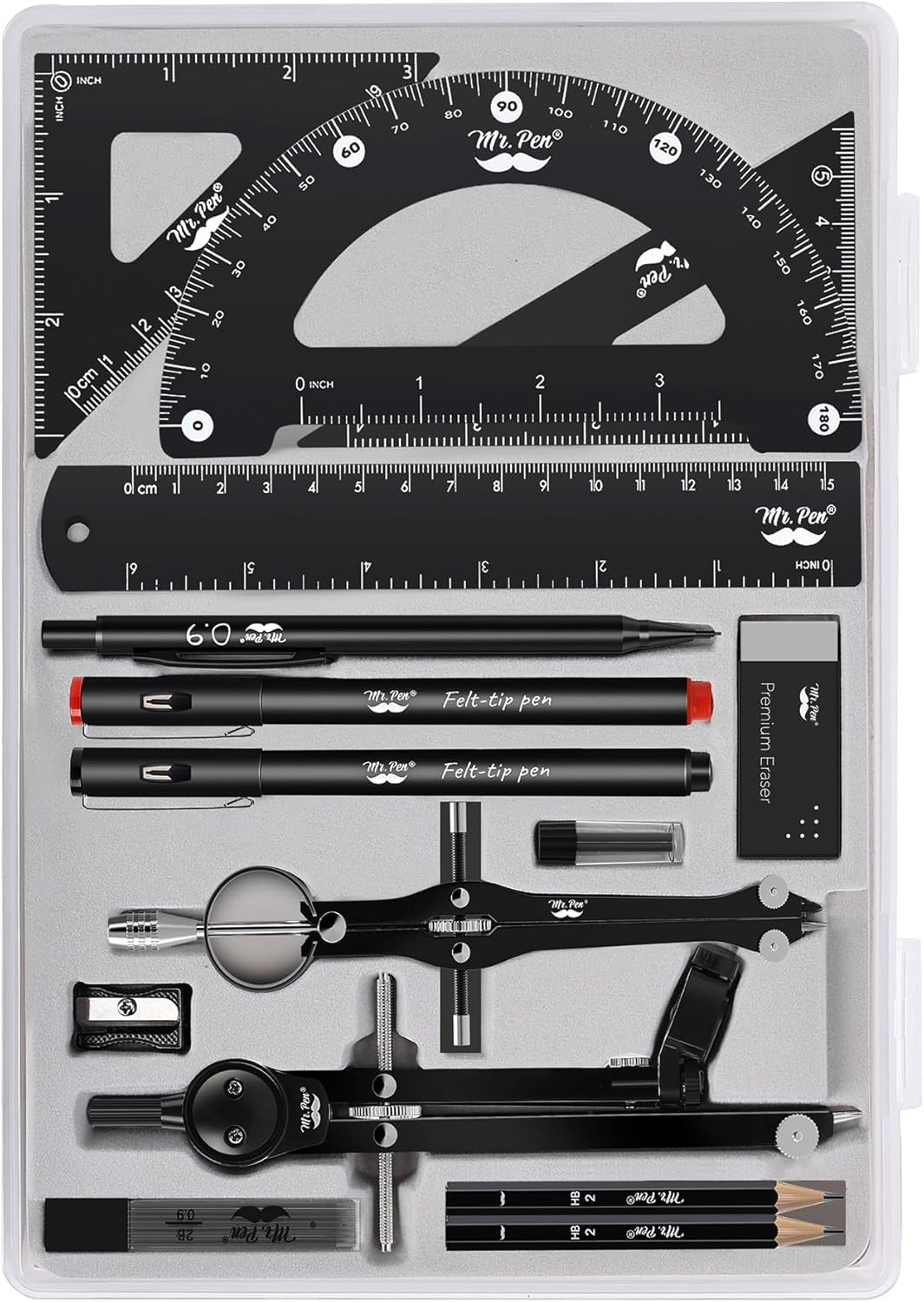 - Professional Geometry Set, 15 Pcs, Drafting Tools with Protractor |