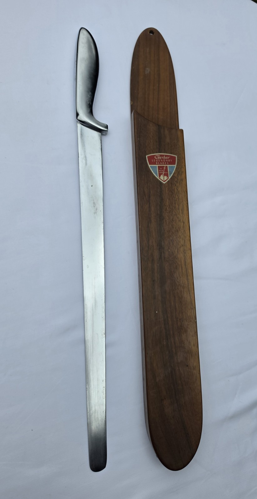 Vintage 50's-70's Gerber Morglay Large Stainless Slicing Knife w/Walnut Scabbard Vintage 50's-70's Gerber Morglay Large Stainless Slicing Knife w/Walnut Scabbard