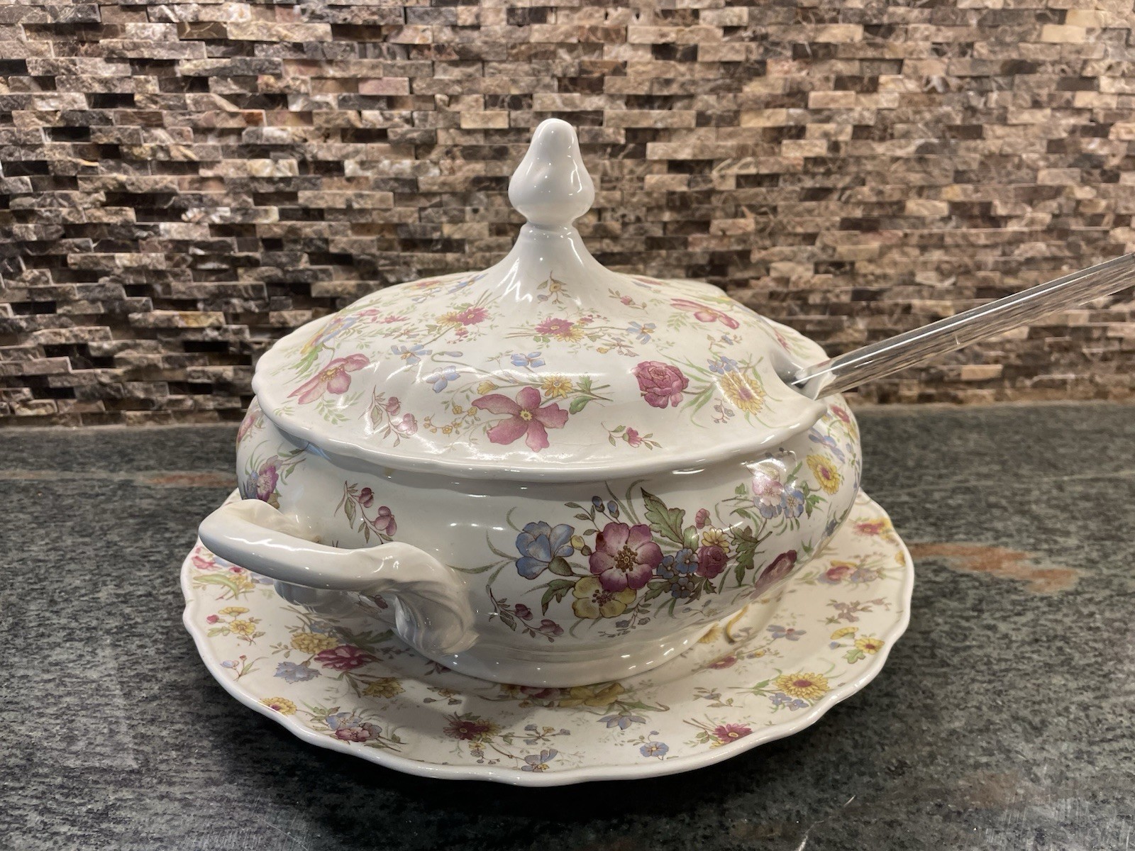 Vintage Diamondstone Laveno Italy Floral Lidded Soup Tureen with Under Plate