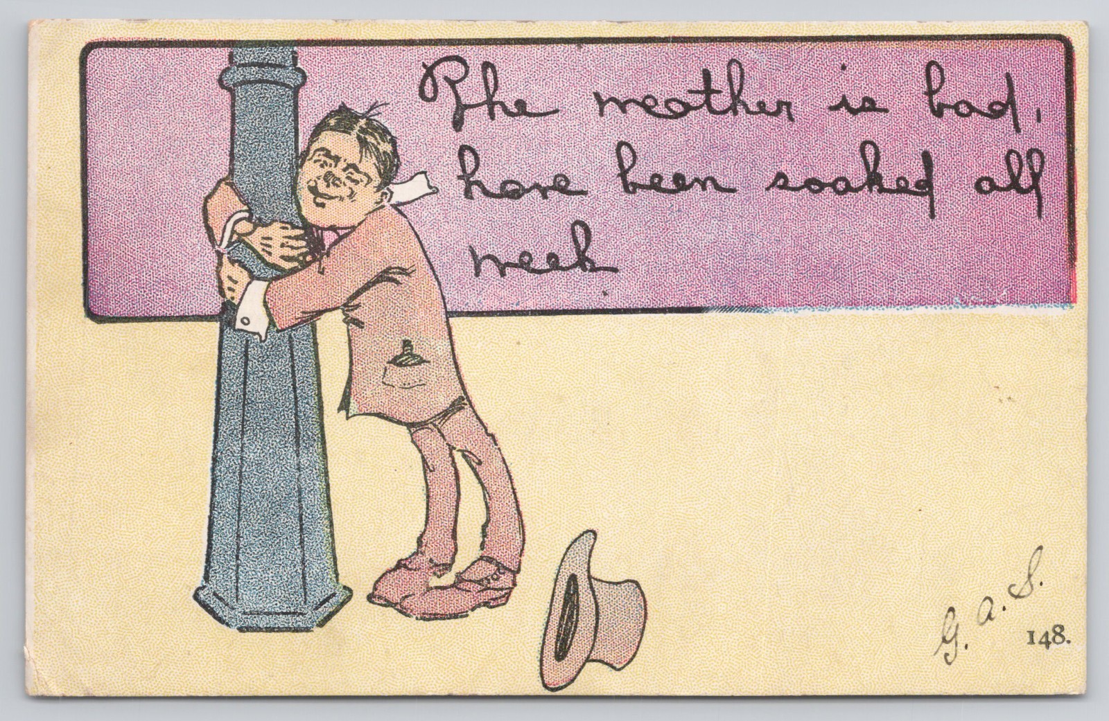c1900s Antique Comic Postcard Weather Is Bad Drunk Lamppost GAS 148 c1900s Antique Comic Postcard Weather Is Bad Drunk Lamppost GAS 148