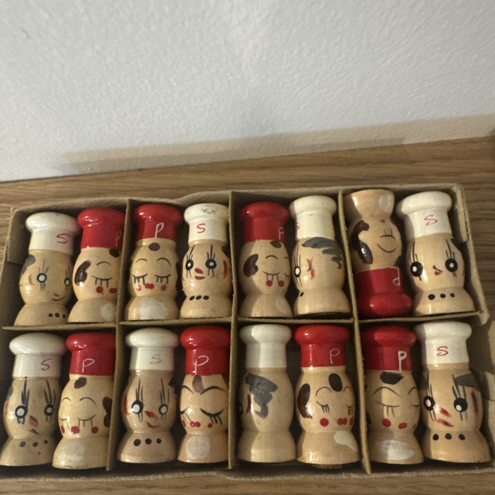Never used Vintage Wood Anthropomorphic Miniature Salt Pepper Shakers Never used Vintage Wood Anthropomorphic Miniature Salt Pepper Shakers