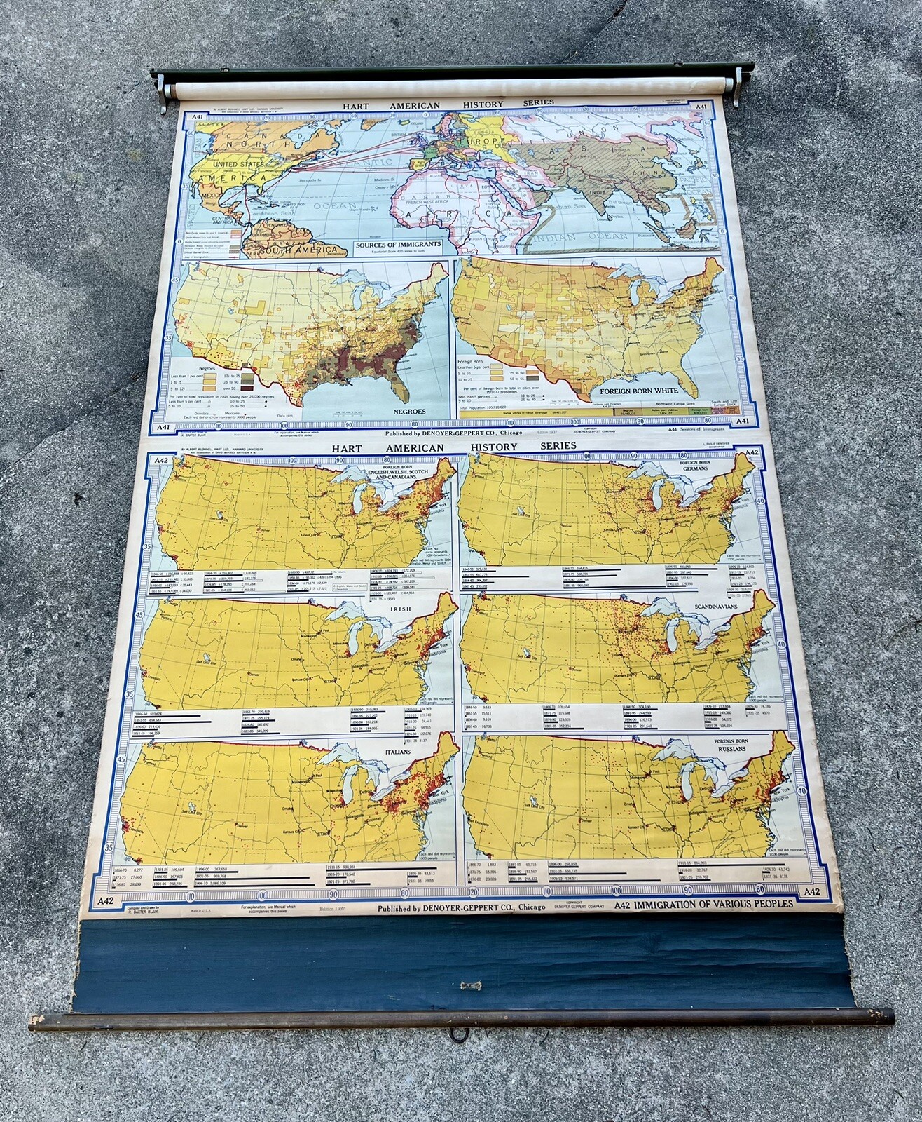 RARE Pre WW/2 Denoyer-Geppert HART AMERICAN SERIES Pull Down Map Immigration