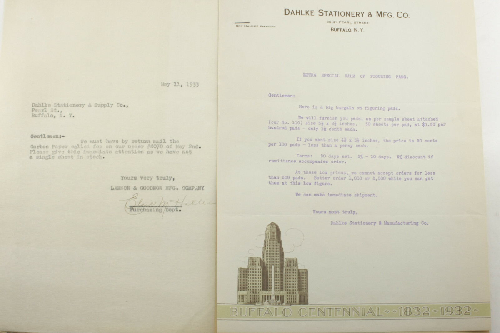 1933 Lamson Goodnow Dahlke Stationery Mfg Buffalo NY Centennial Ephemera P1624J