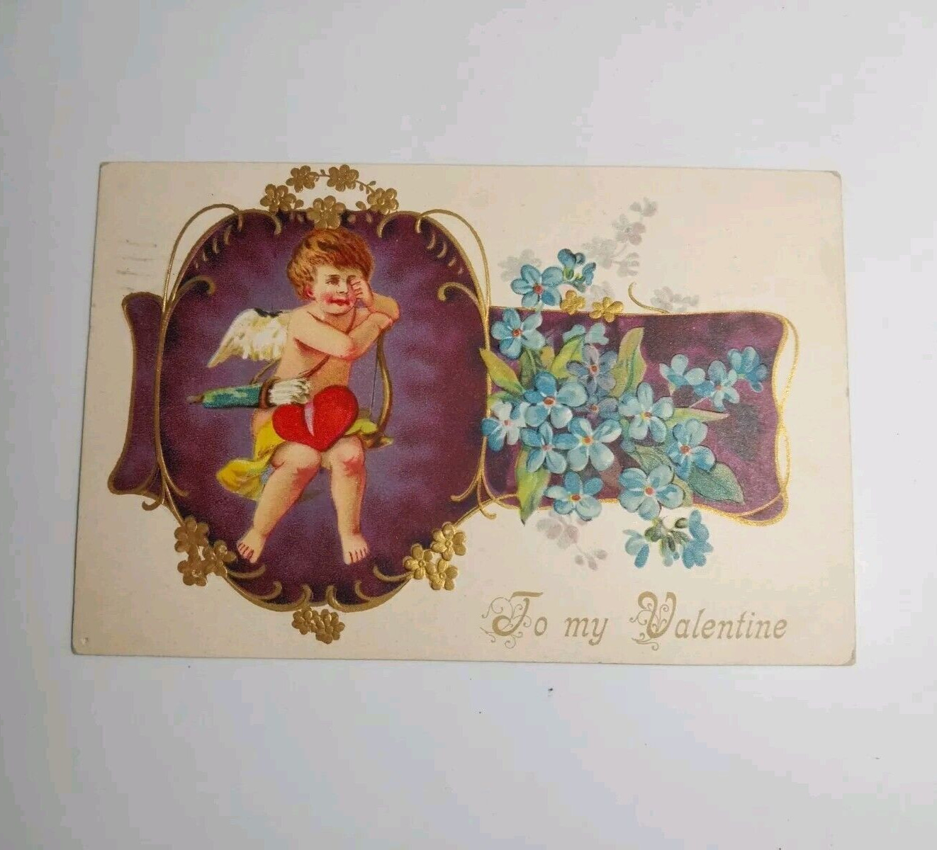 Vintage 1908 To My Valentine Cupid Bow Flowers Cherub Embossed Postcard Behrdent