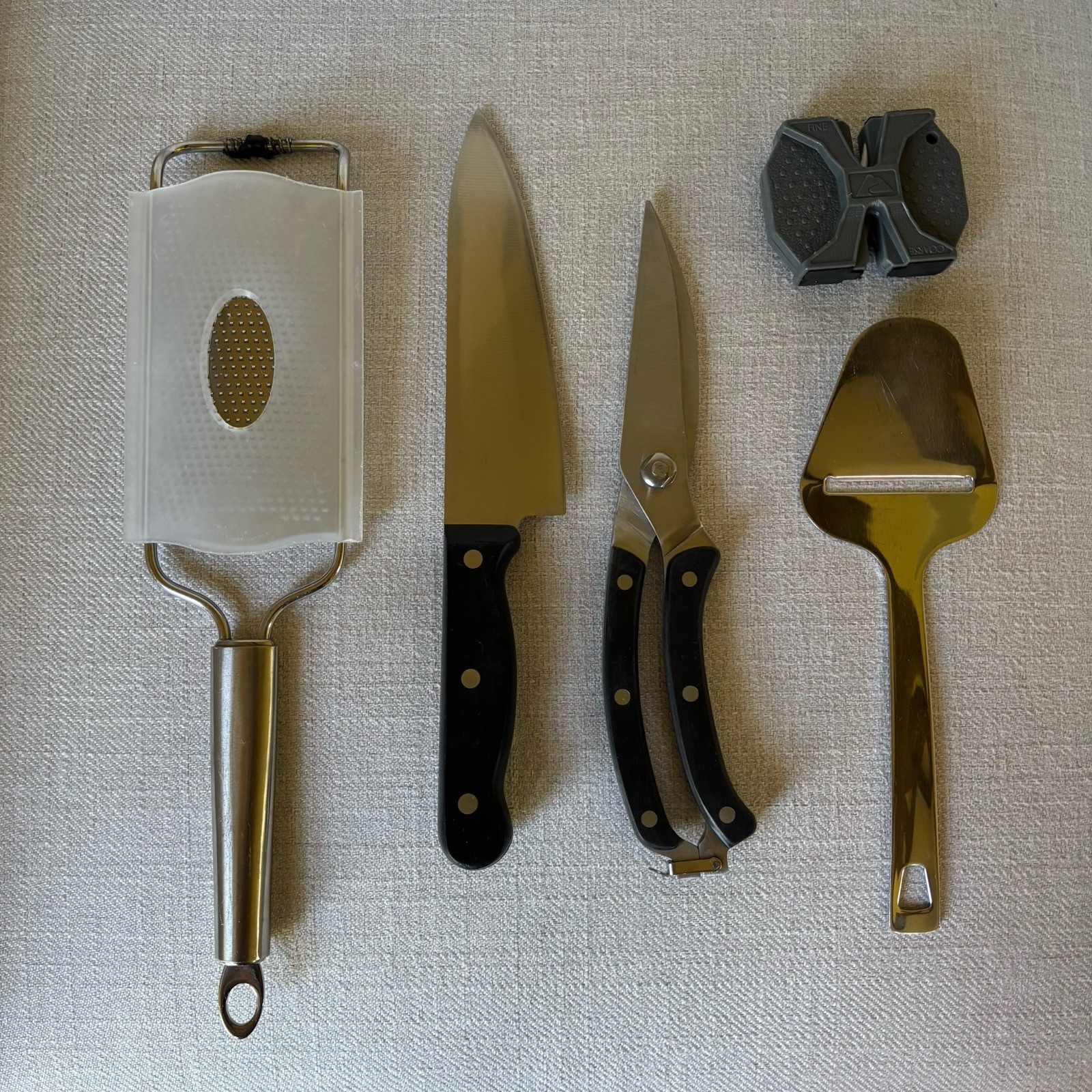 Kitchen Essentials Lot Chef Knife, Poultry Shears, Sharpener, Microplane, Slicer