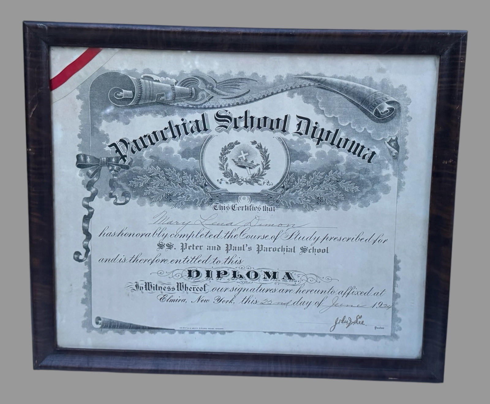 1924 SS Peter & Paul Parochial School Diploma Elmira NY Antique Framed Catholic