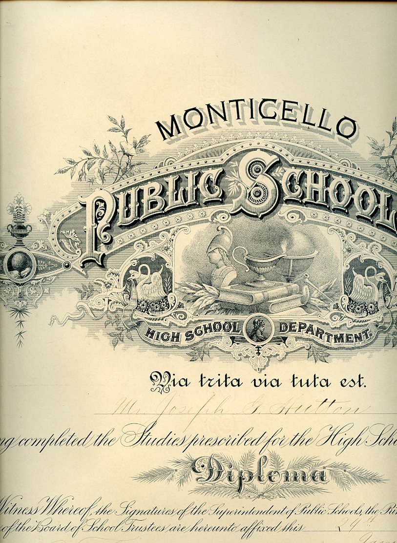 1889 Monticello Indiana High School Certificate With Original Tube-HUTTON Family