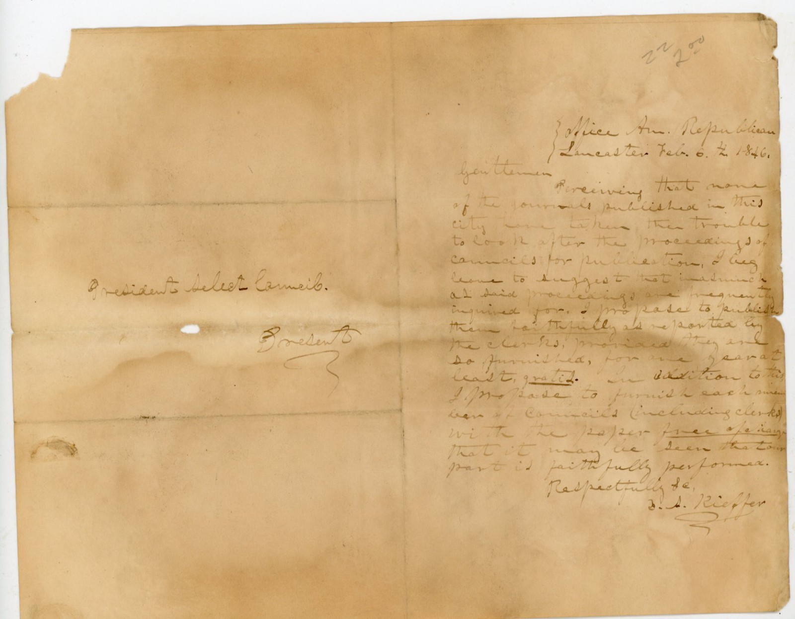 Vintage Lancaster PA 1846 Council Letter Signed James L Reynolds & J S Kieffer