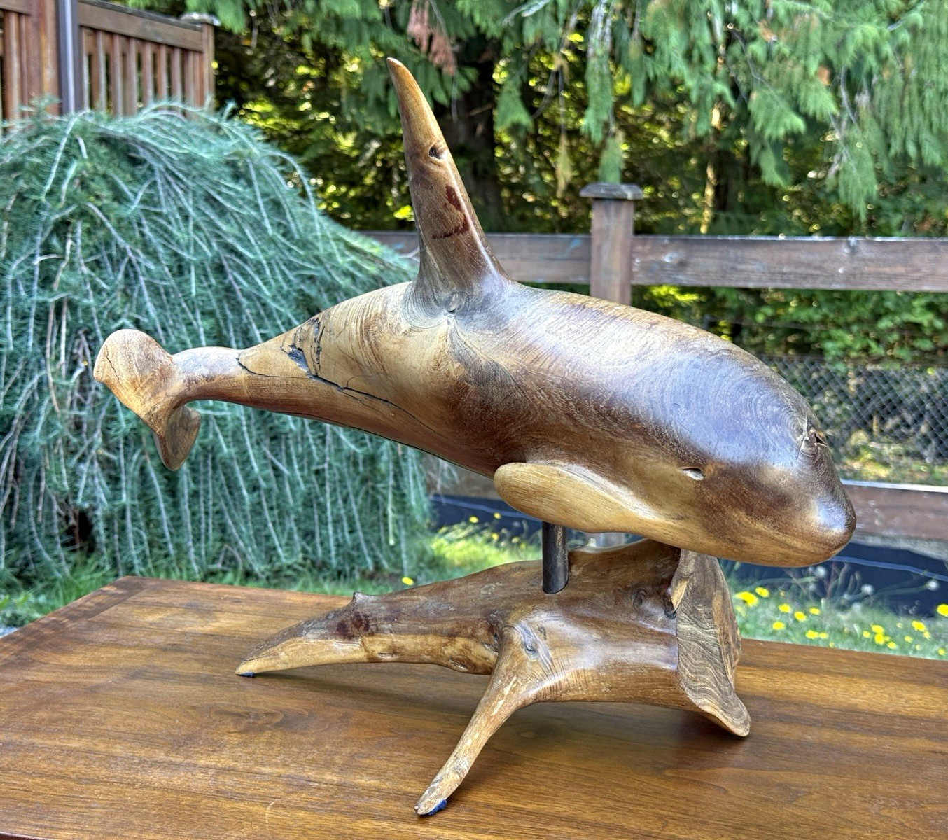 Vintage Hand Carved, Wooden whale Sculpture,signed Vintage Hand Carved, Wooden whale Sculpture,signed