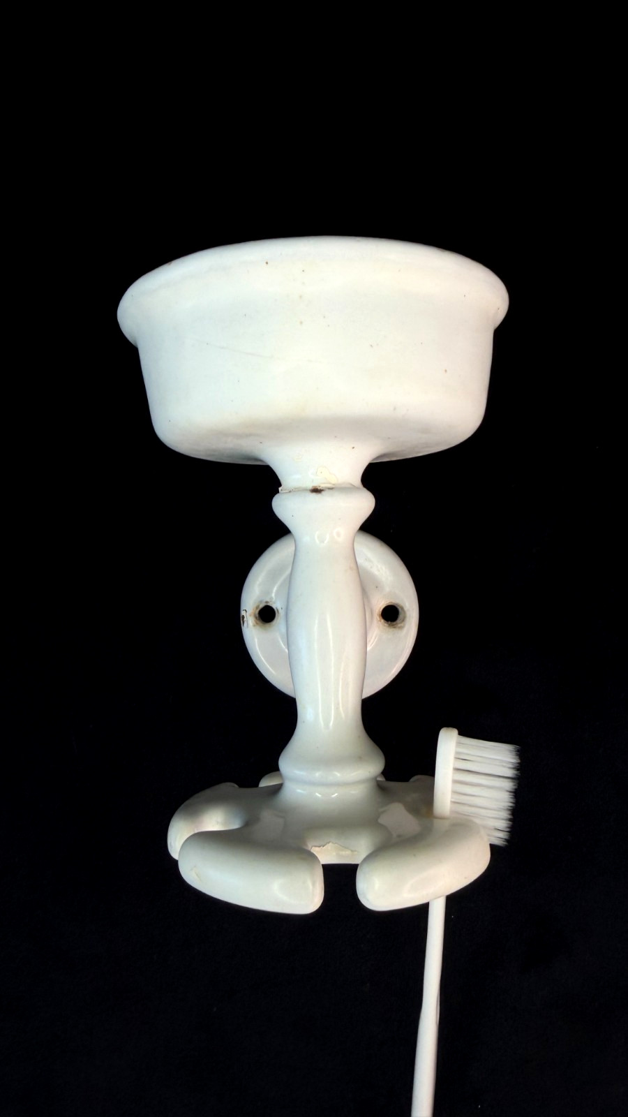 Vintage white enamel cast iron toothbrush soap cup holder wall mount antique